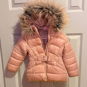Michael Kors MK, Pink Puffer Jacket with Faux Fur Hood. Rose gold hardware.